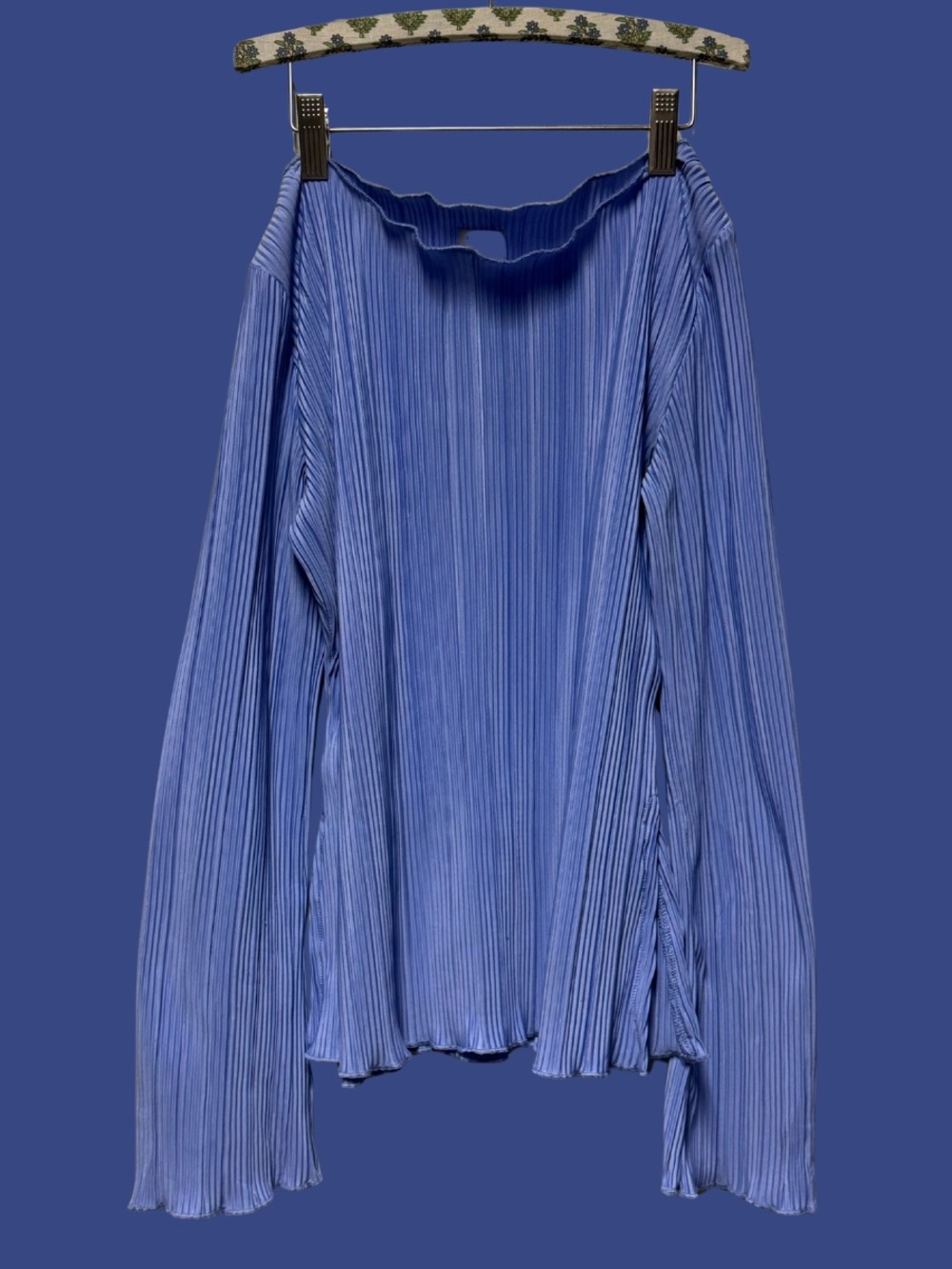 a new day Blue Pleated Long-Sleeve Ruffle Neck Top